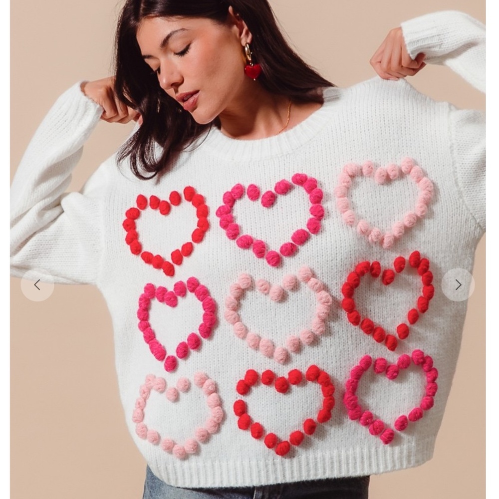 NWOT Cozy White Heart Pom-Pom Sweater - Women